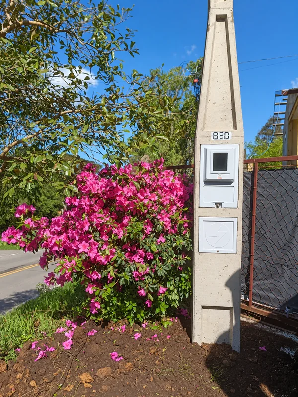 Poste com caixa de medição ao lado de um jardim.