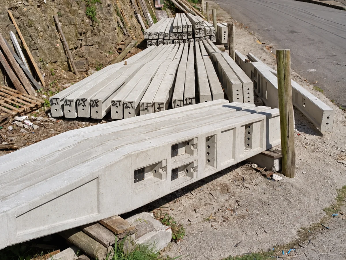 Postes de concreto armazenados na área externa.