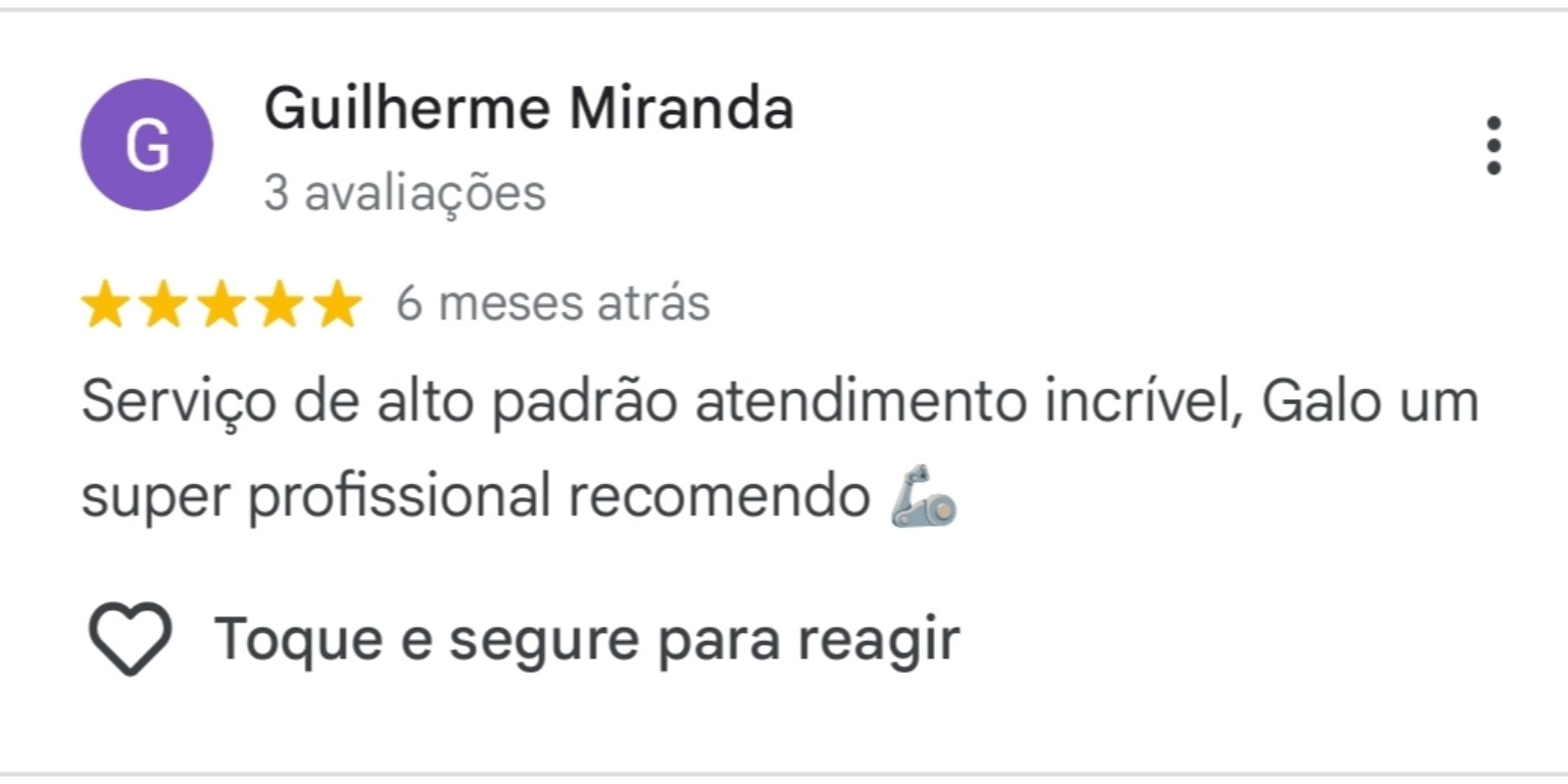 Avaliação de Guilherme Miranda: Serviço de alto padrão, atendimento incrível. Galo um super profissional, recomendo.